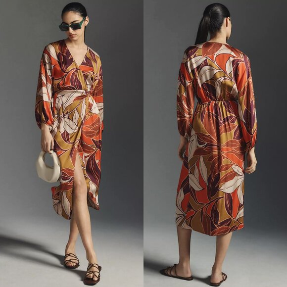 By Anthropologie Large Floral Long Sleeved Printed V-Neck Wrap Dress, size L - Picture 1 of 11
